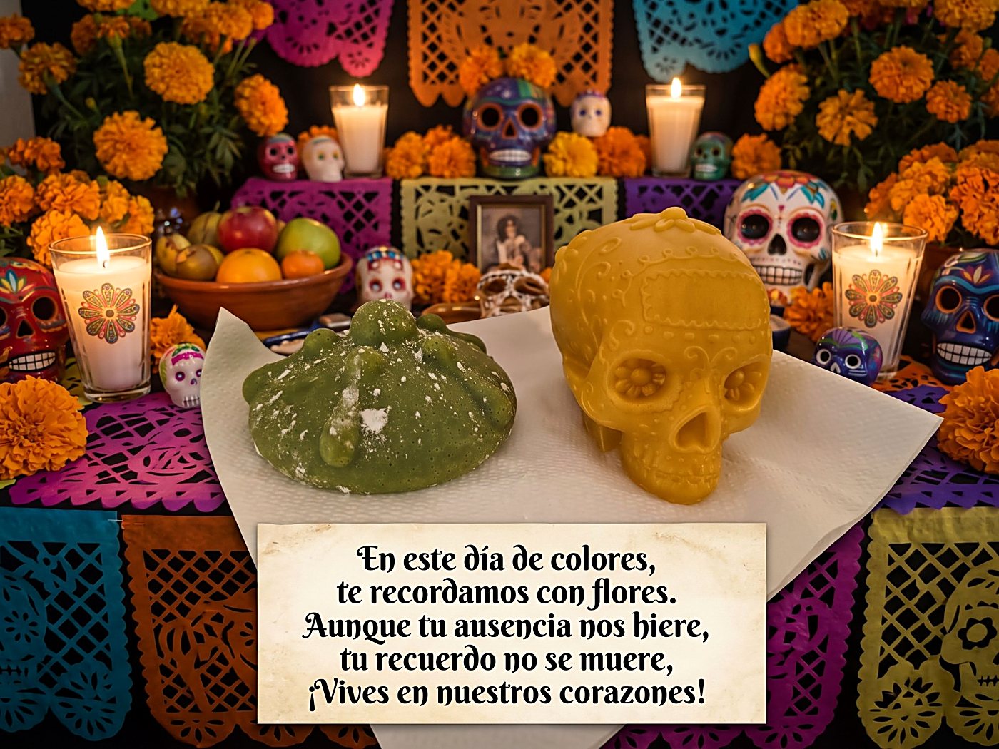 Ofrenda de Día de Muertos con cempasúchil, veladoras y papel picado; al frente un pan de muerto y una calaverita de jabón de Moni's Todo Hogar