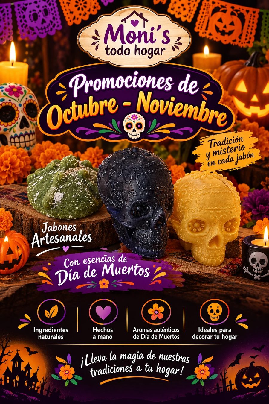 Cartel de promociones de octubre y noviembre de Moni's Todo Hogar: jabones artesanales en forma de calavera, calabaza y pan de muerto, con esencias de Día de Muertos