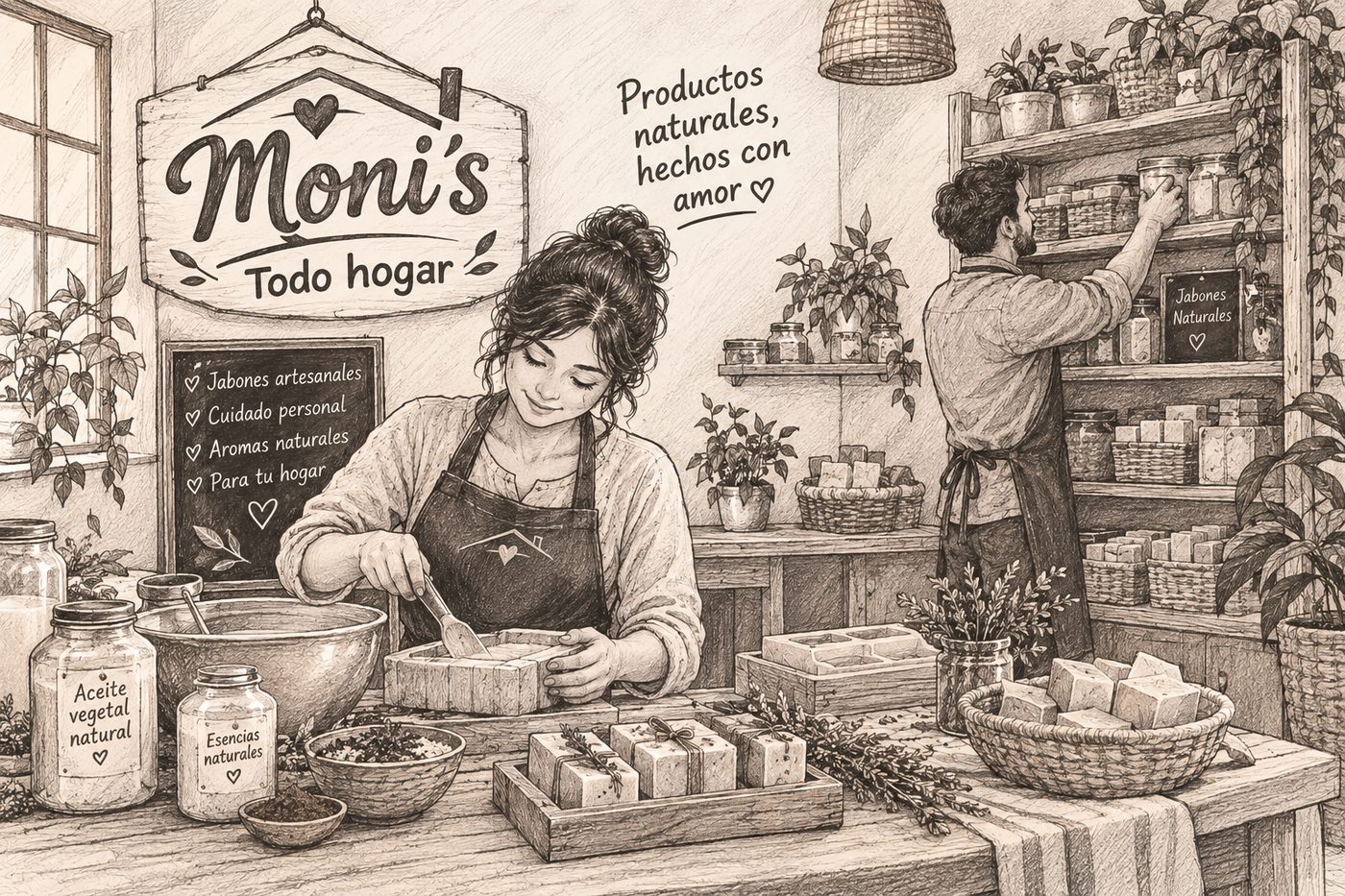 Ilustración del taller de Moni's Todo Hogar: dos personas preparando jabones a mano, entre frascos de aceites y esencias naturales
